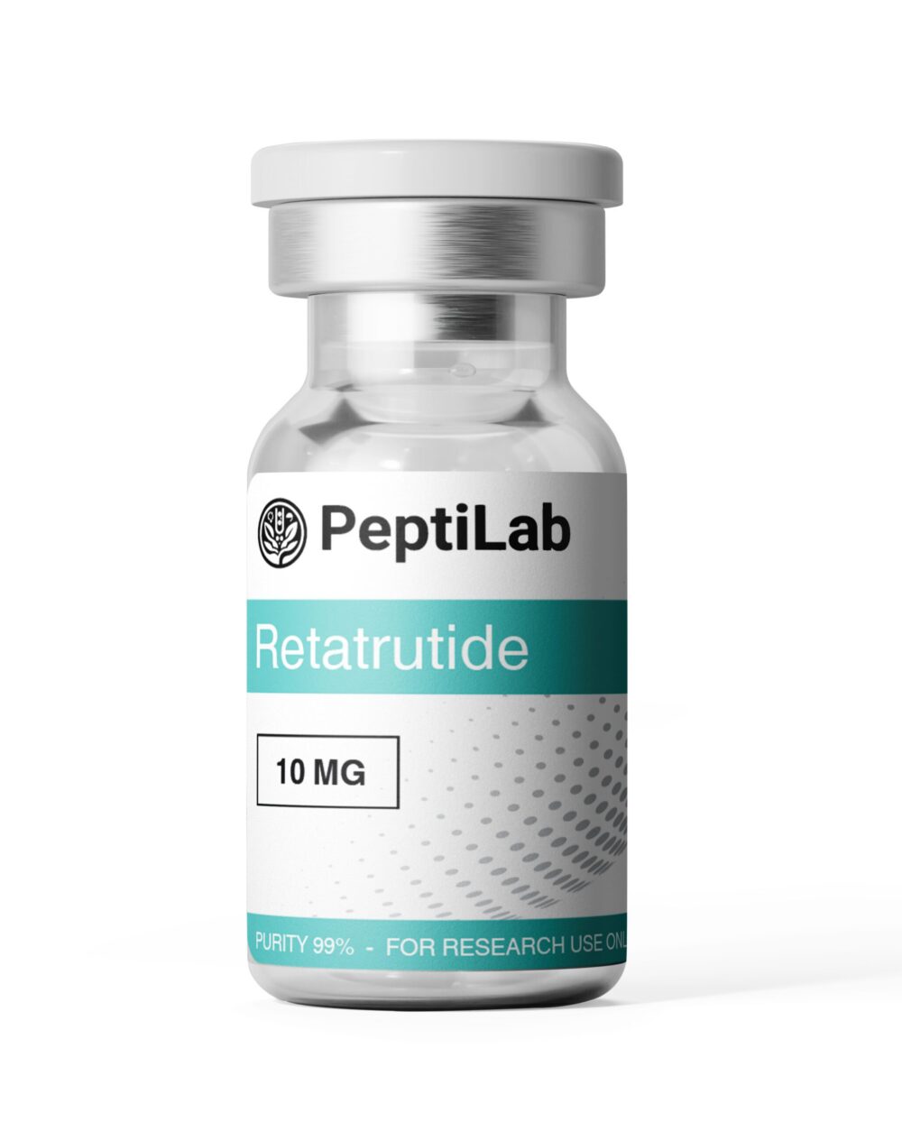 Glass vial labeled "PeptiLab Retatrutide 10 MG," featuring a teal and white design with "Purity 99% - For Research Use Only" at the bottom, used for scientific research in peptide studies.